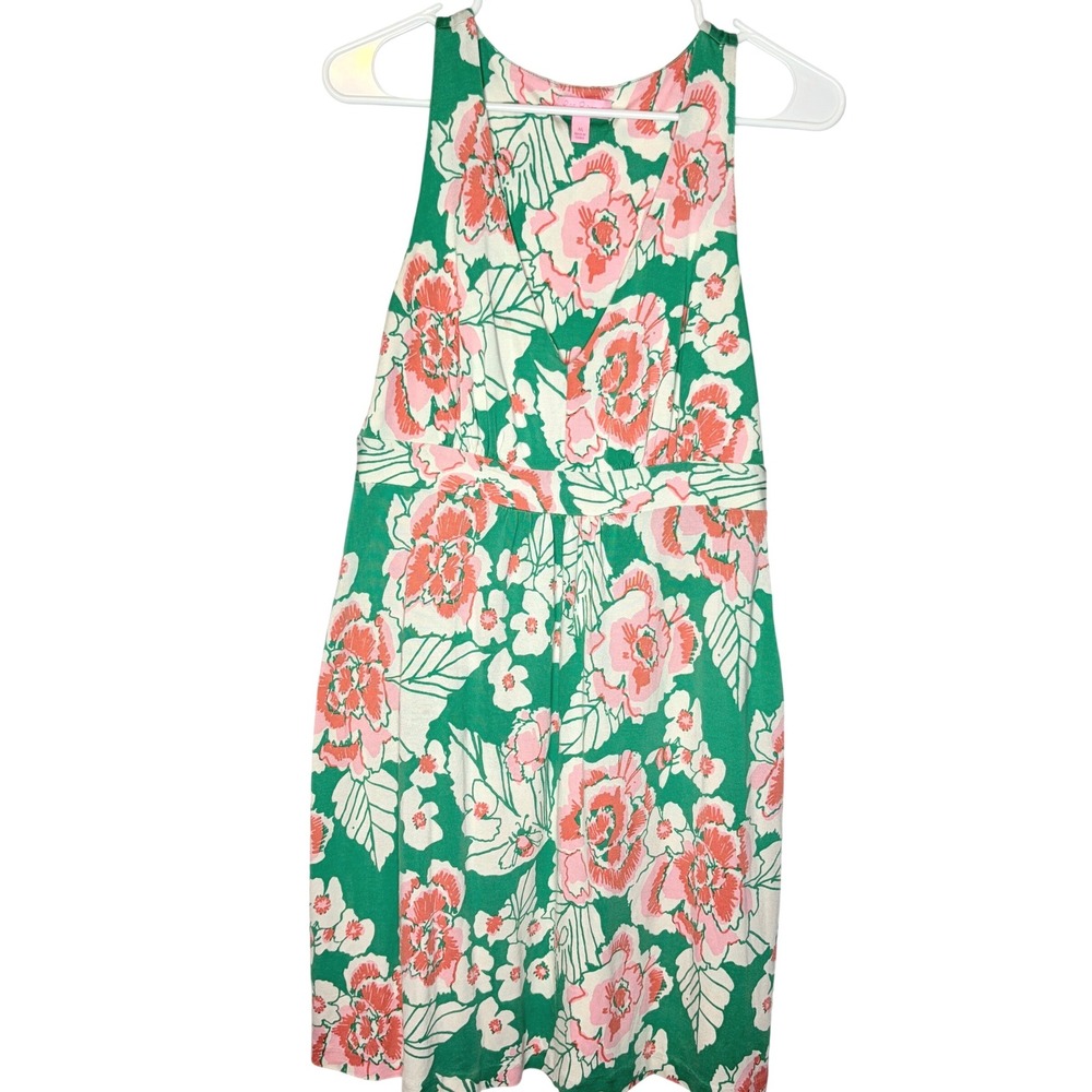 Lilly Pulitzer Dress M Preppy Floral Green Pink Silk Cotton Sleeveless V-Neck